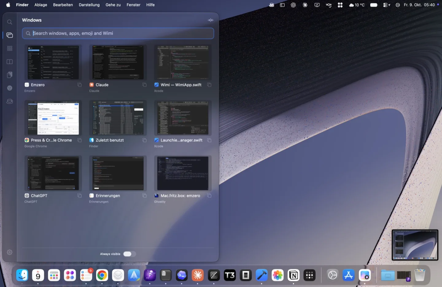 The Wimi drawer showing open windows with live previews.